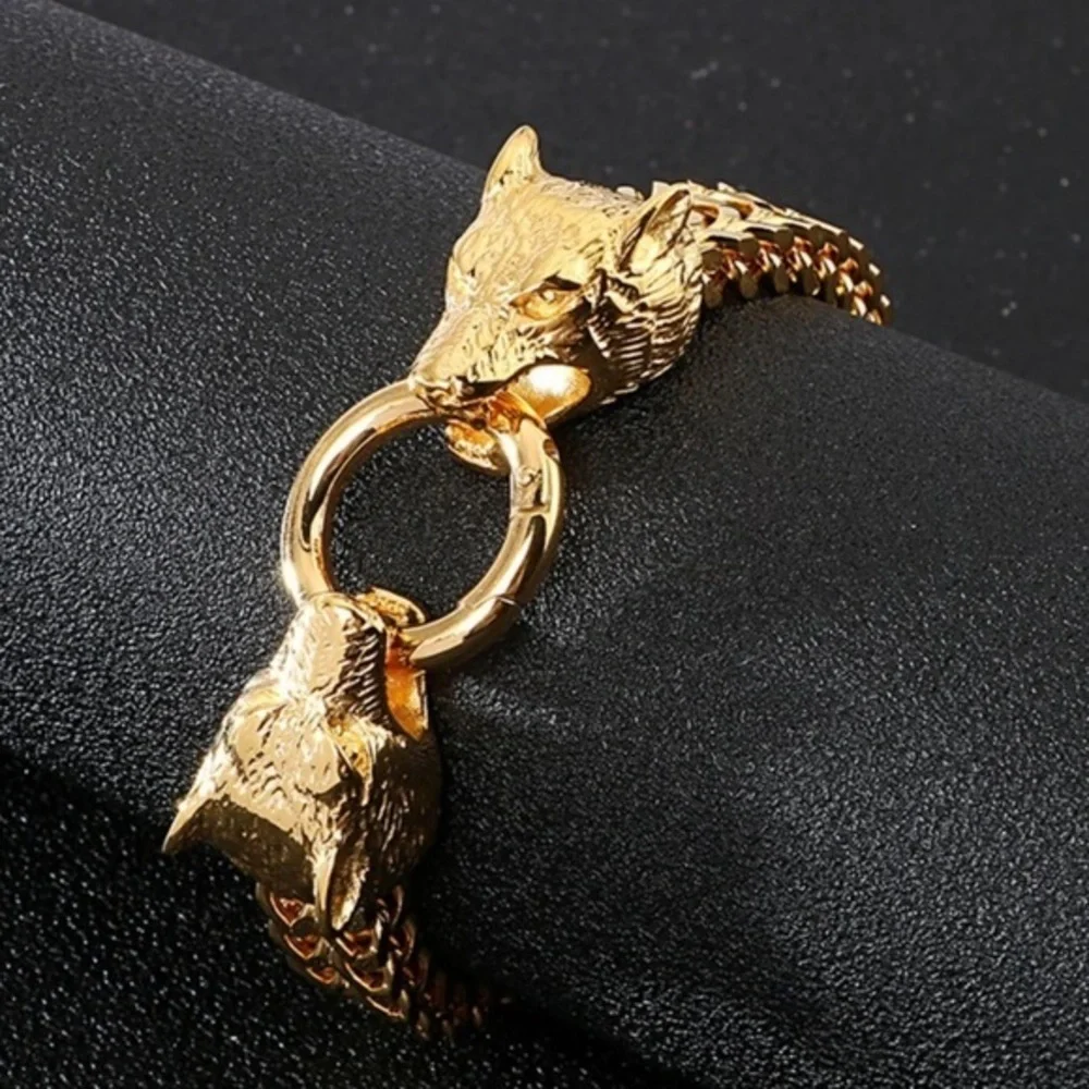 NEW 14k gold Titanium Wolf Head Franco Link Bracelet Mens